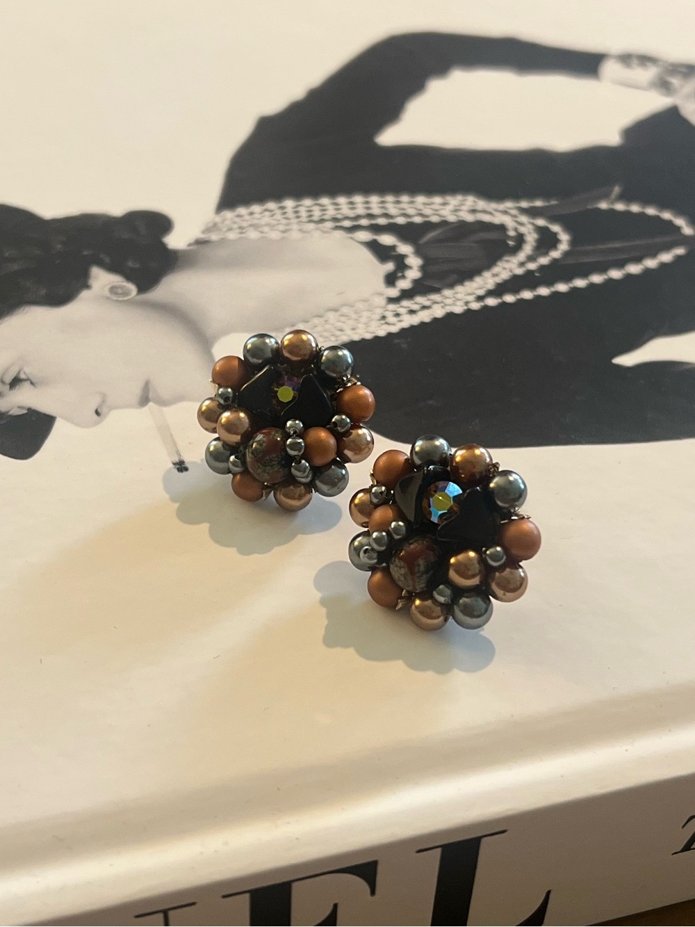 Stone & Glass Bead Cluster Clip-on Earrings made in Japan
